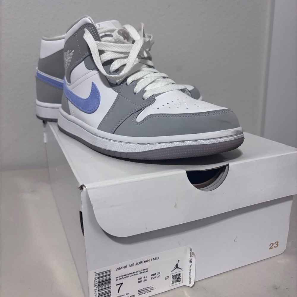 Nike Air Jordan 1 Mid Gray, White, and Light Blue/purple